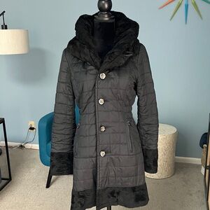 Laundry Black Puffer Coat Faux Fur Trim Fully Reversible to All Faux Fur Sz S